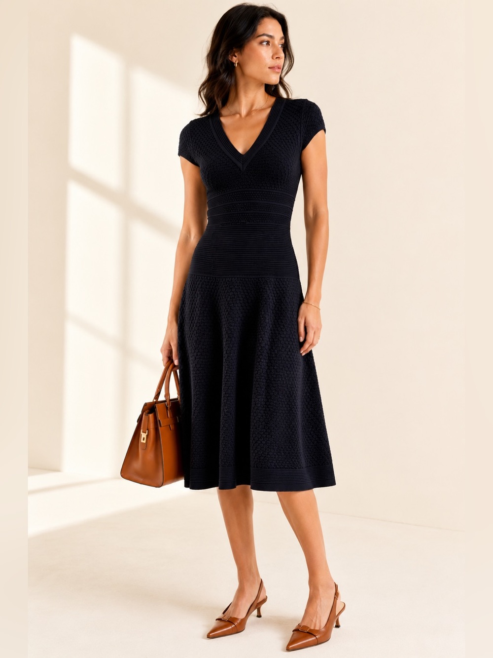 Marc Cain Textured Knit Fit & Flare Dress Black Quiet Luxury Sz S/XS